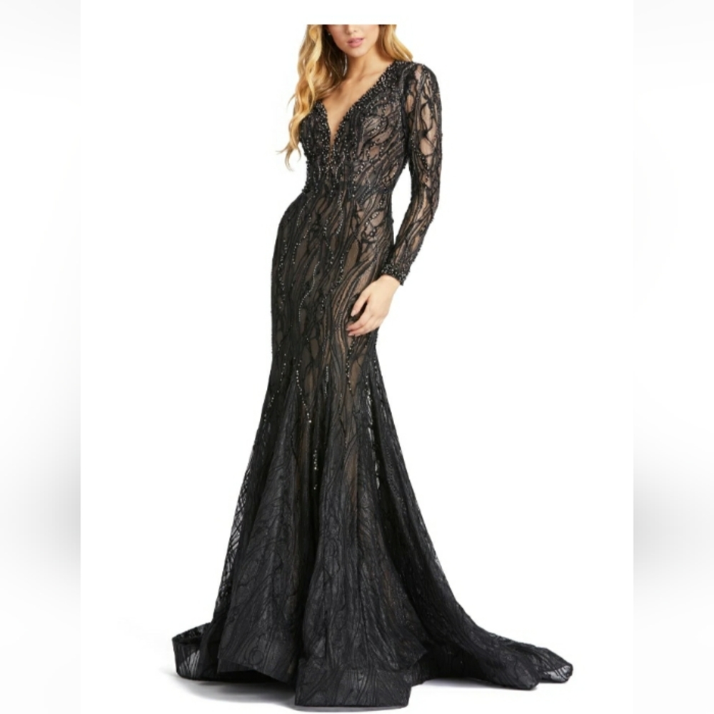 Mac Duggal long sleeve black mermaid evening gown